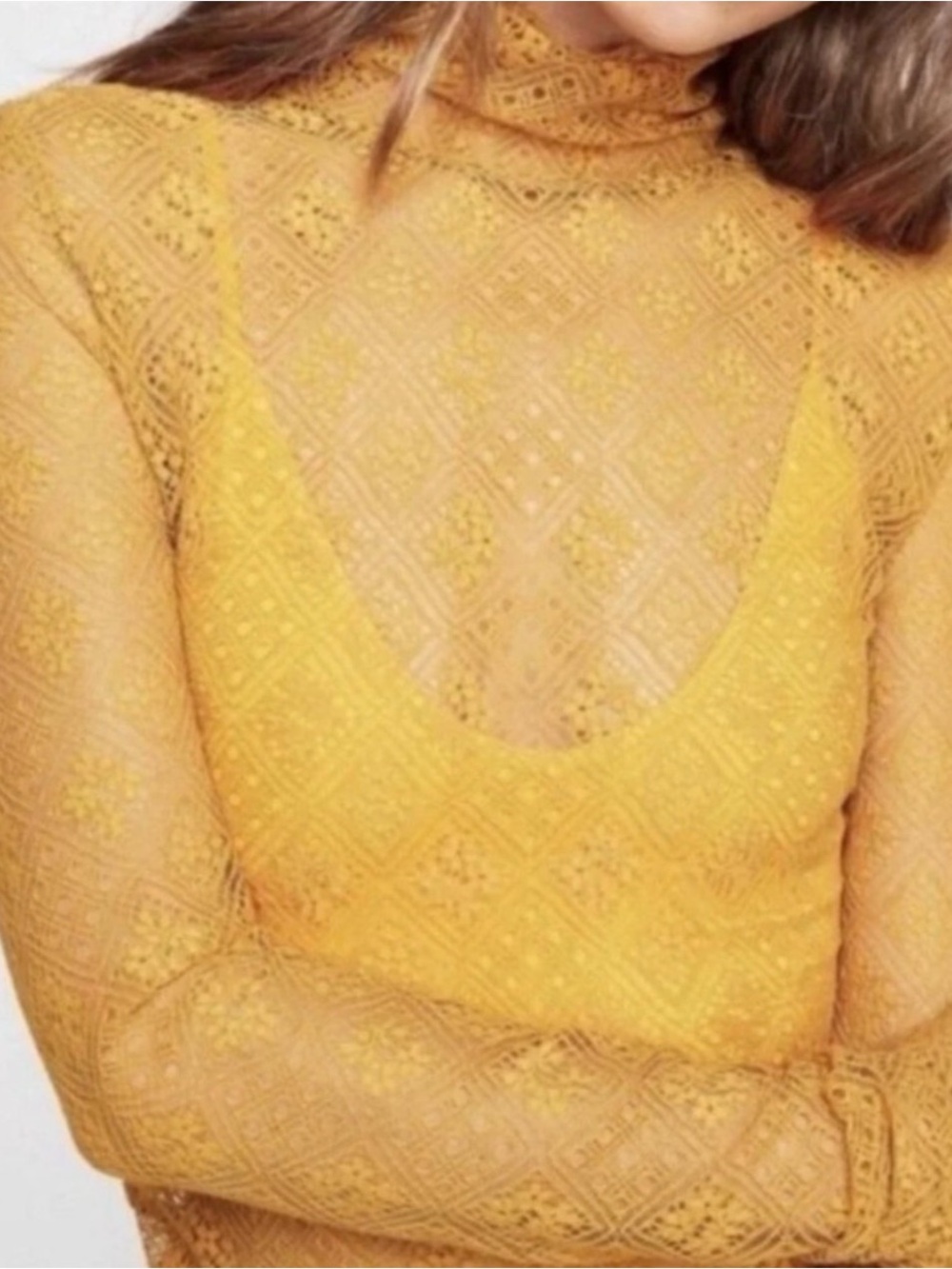 Free People Mustard Yellow Lace Mock Neck Camisole Overlay